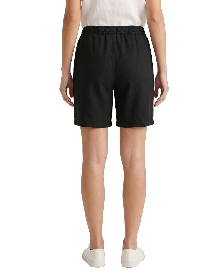 Person wearing black shorts on a white background