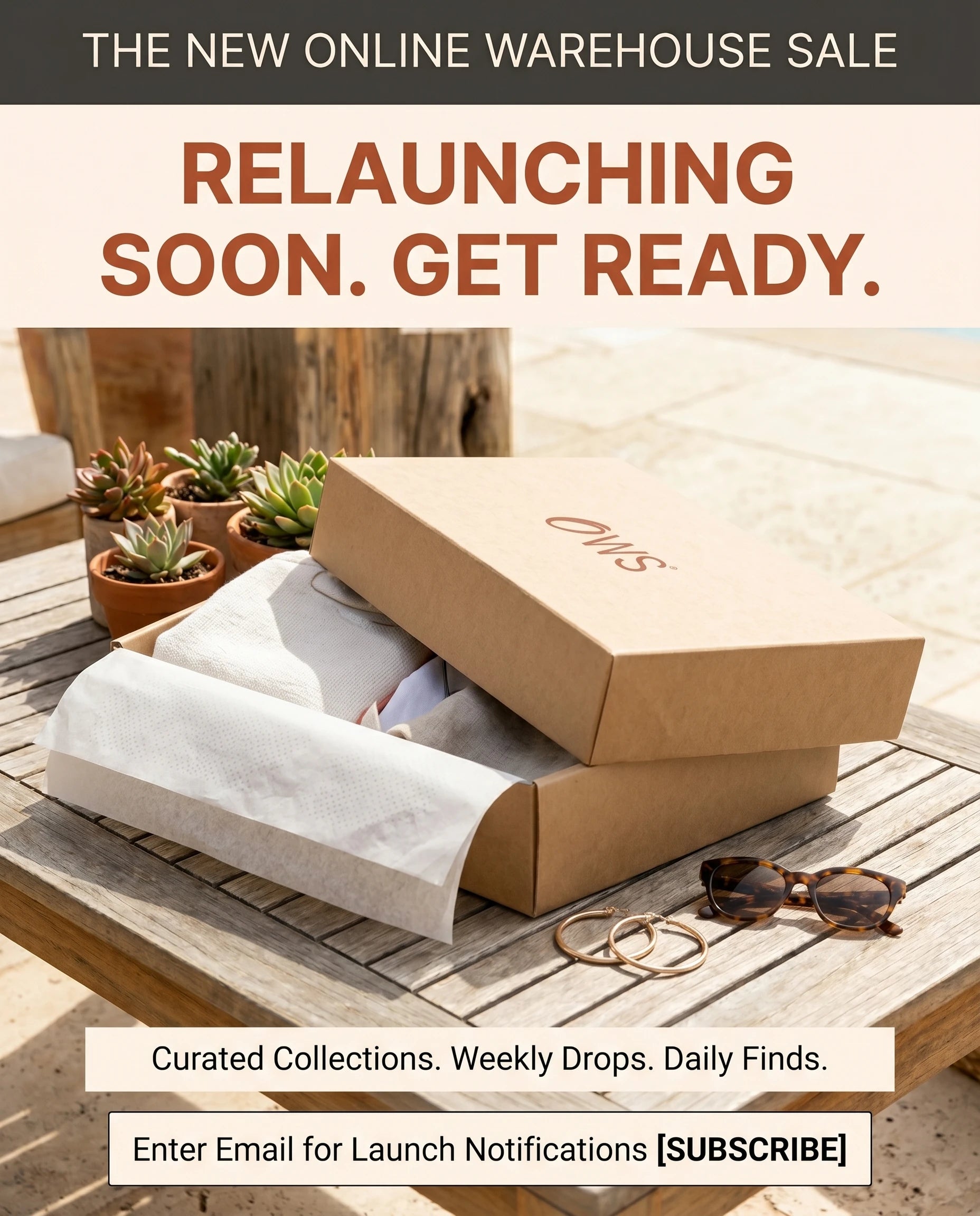 Promotional image for a warehouse sale relaunch with a box, sunglasses, and plants on a wooden table.