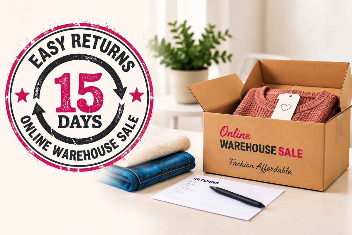 Graphic reading 'Easy Returns 15 Days Online Warehouse Sale' beside an open package branded Online Warehouse Sale Fashion Affordable.