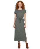Woman wearing a gray dress with a white background