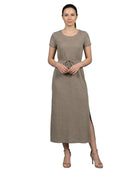 Woman wearing a brown dress with a white background