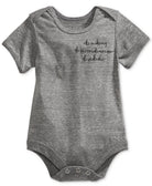 A heather gray short-sleeve baby bodysuit with 'baby bambino bebe' printed in black cursive text on the chest, displayed flat against a white background.