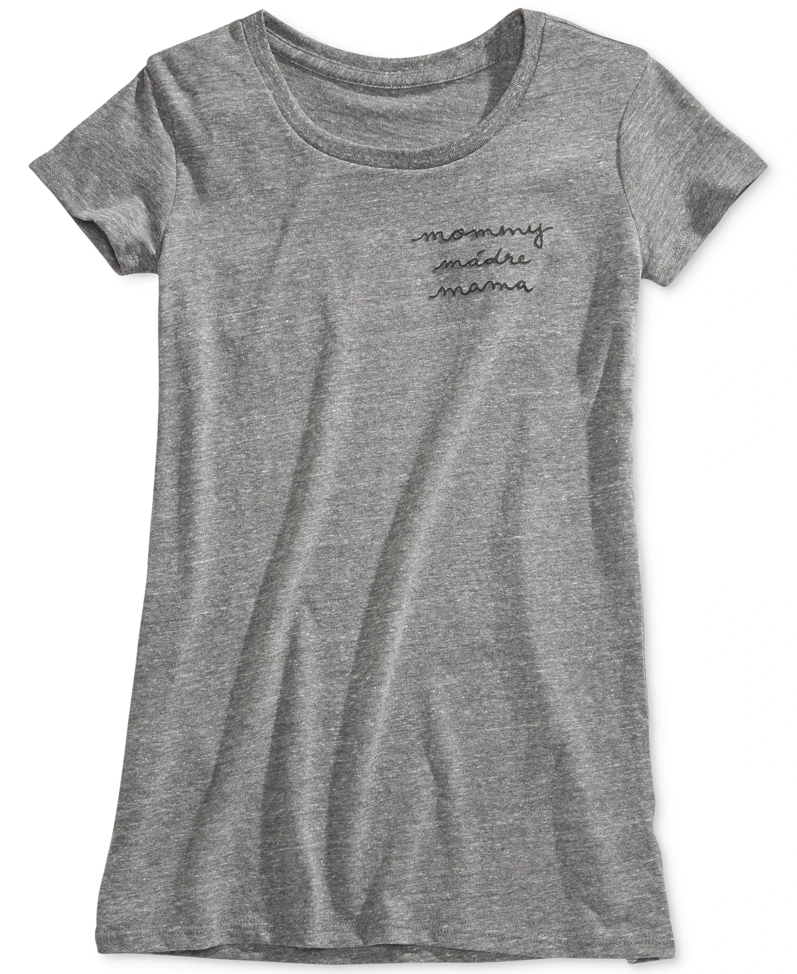 A women's heather gray short-sleeve t-shirt with 'mommy madly mama' printed in black script on the left chest, displayed against a plain white background.