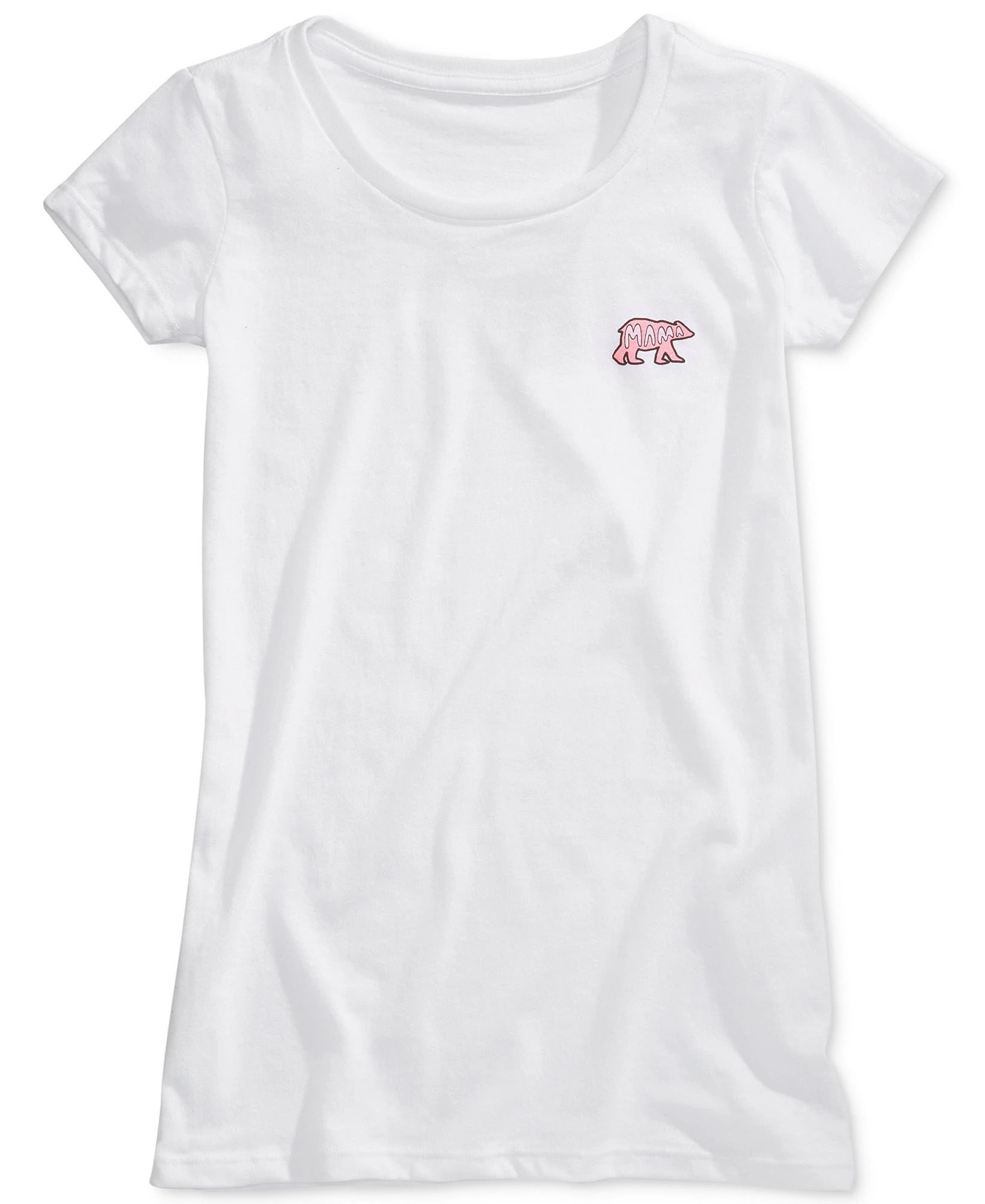 A white short-sleeve crewneck t-shirt featuring a small pink polar bear graphic on the left chest, displayed against a clean white background.