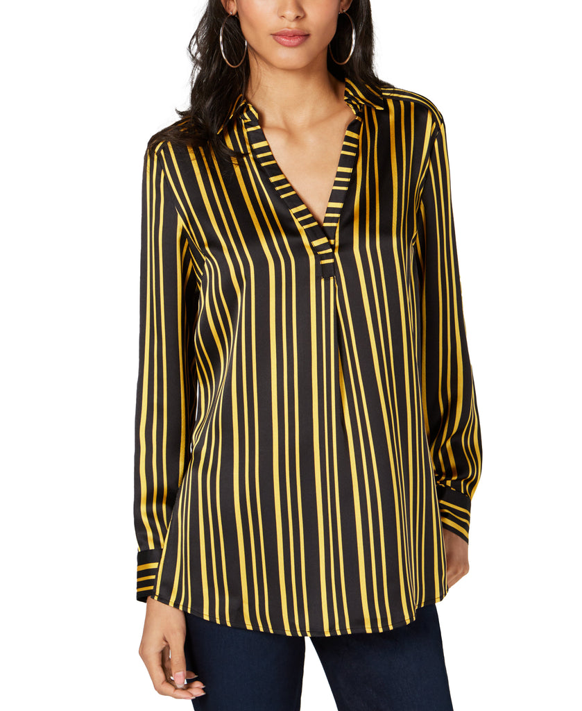 INC International Concepts Women Striped V Neck Top Bamboo Stripe