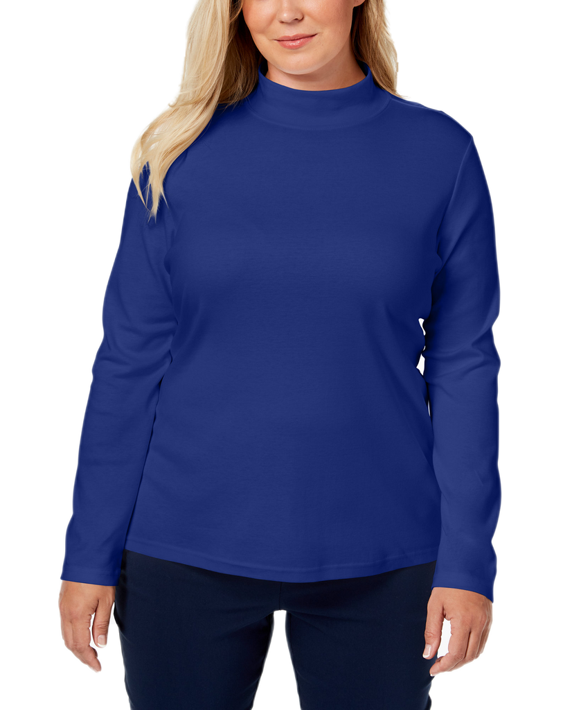 Karen Scott Women Plus Cotton Mock Neck Top Ultra Blue