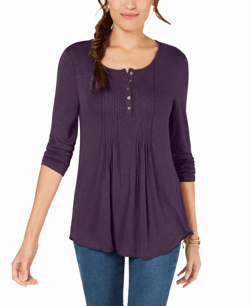 Style & Co Women Long Sleeve Pintuck Top Dark Grape