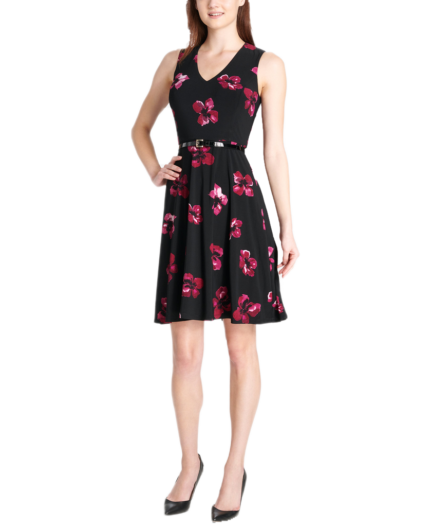 Tommy Hilfiger Women Floral Belted Fit & Flare Dress Black Multi