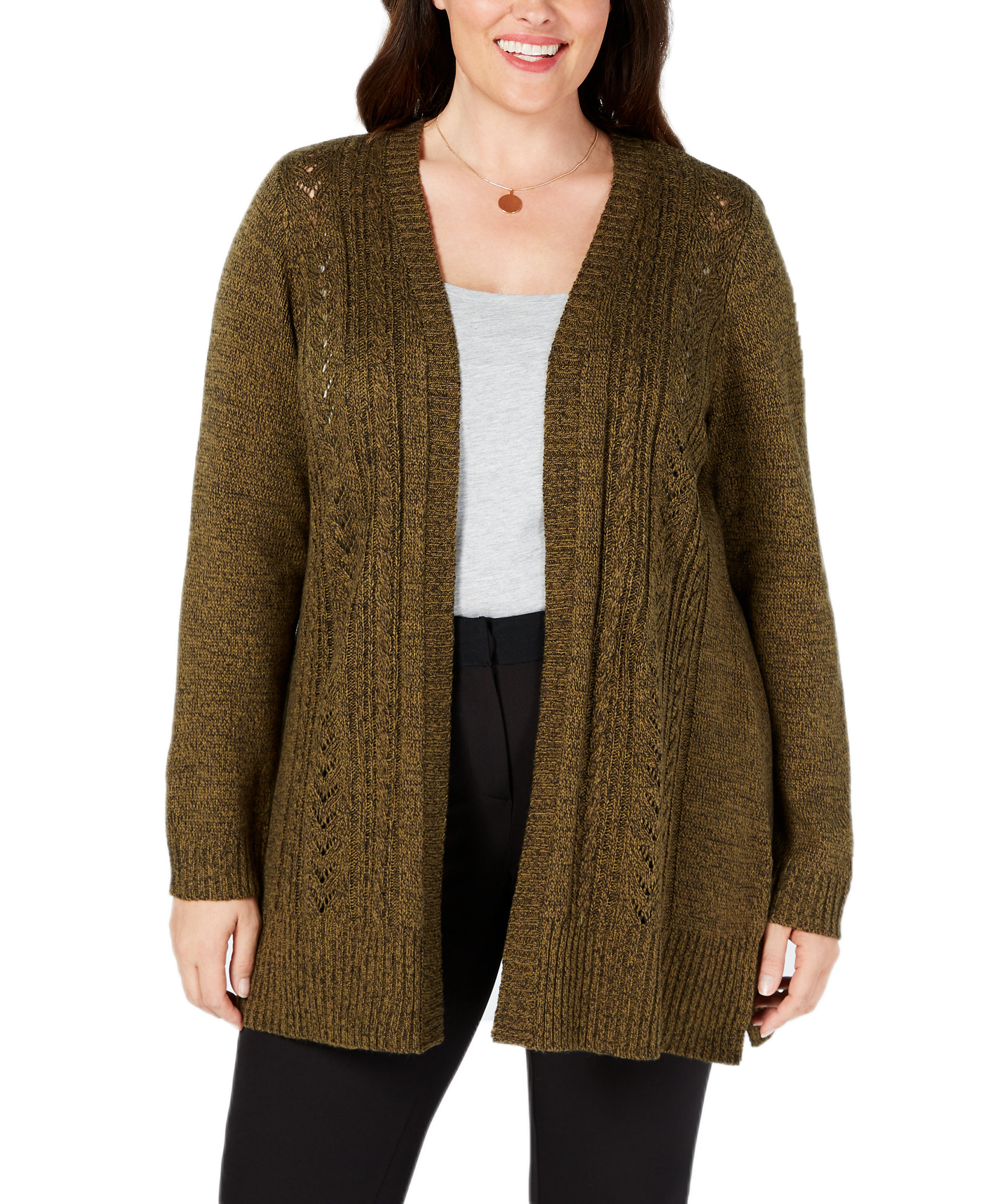 Karen Scott Women Plus Pointelle Open Front Cardigan Dark Olive