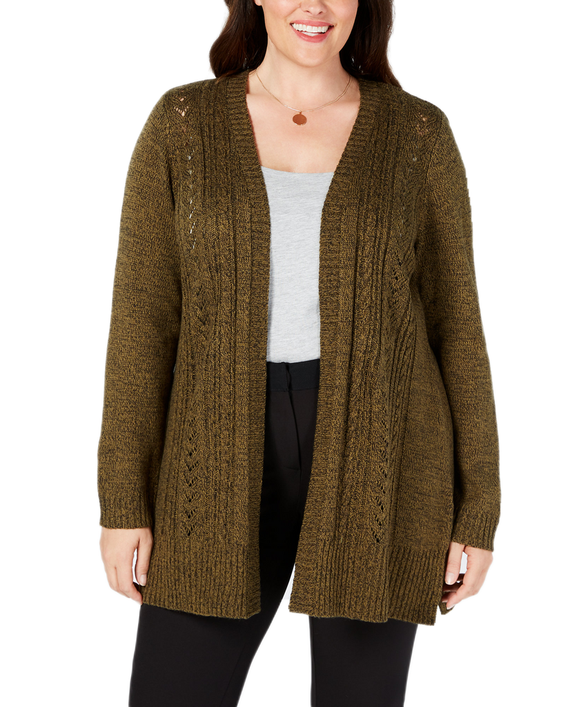 Karen Scott Women Plus Pointelle Open Front Cardigan Dark Olive