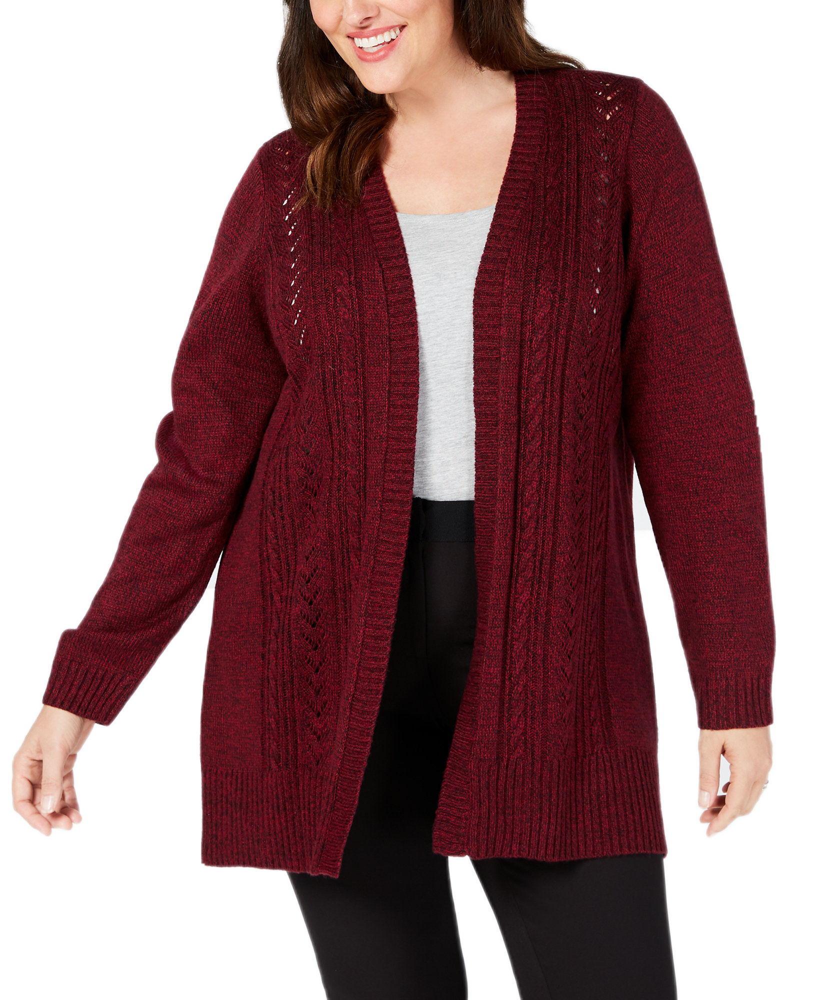 Karen Scott Women Plus Pointelle Open Front Cardigan
