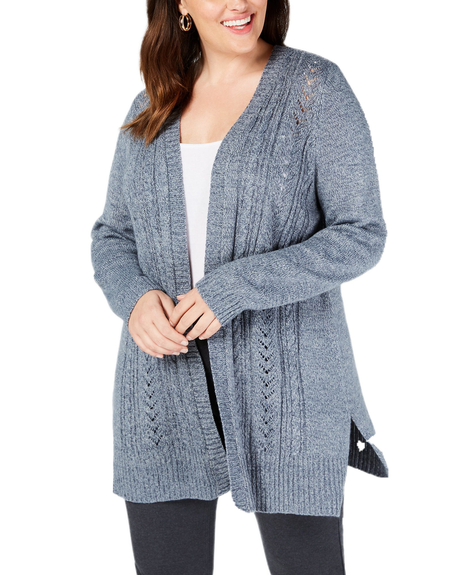 Karen Scott Women Plus Pointelle Open Front Cardigan Blue Mirage