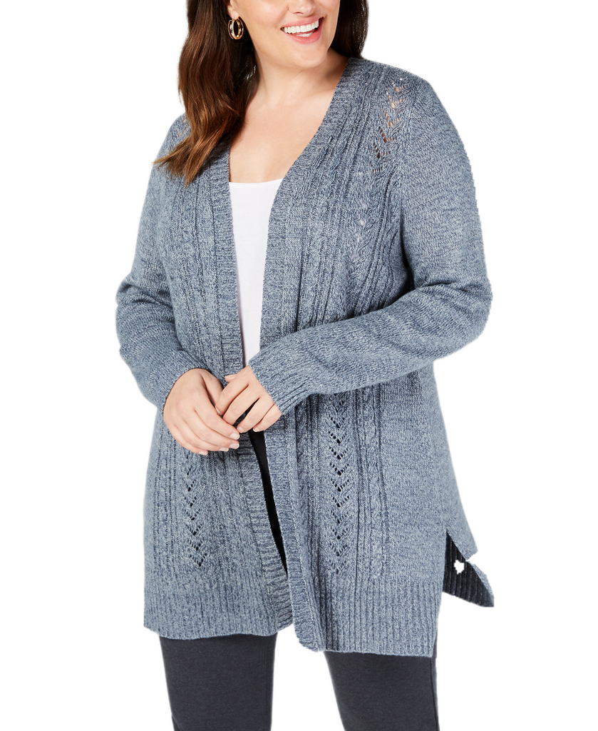 Karen Scott Women Plus Pointelle Open Front Cardigan Blue Mirage