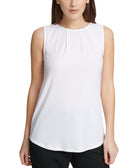 DKNY Women Pleated Neck Top Linen White