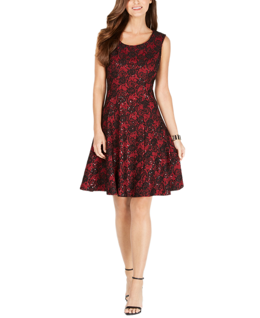 INC International Concepts Women Sequined Lace Fit & Flare Dress Ruby Red Multi