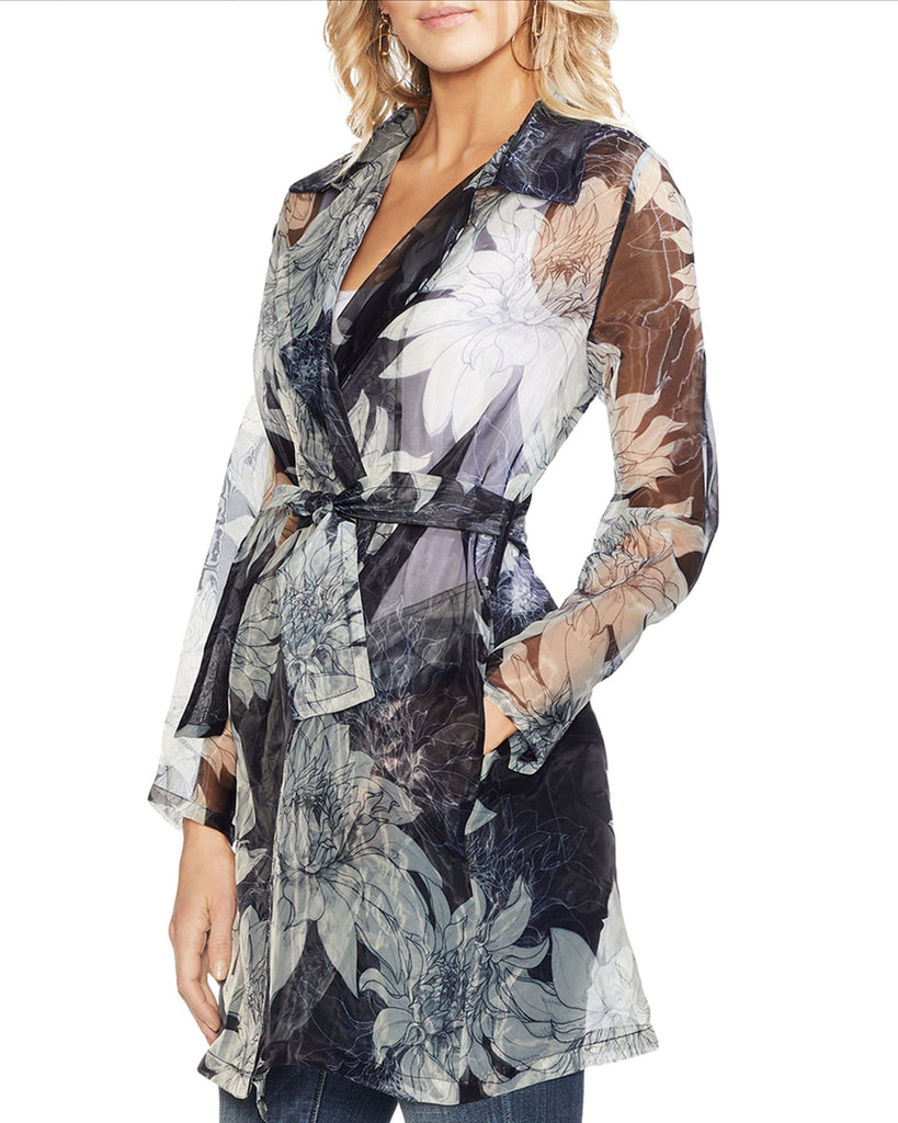 Vince Camuto Women Pagoda Blossoms Printed Sheer Jacket Classic Navy