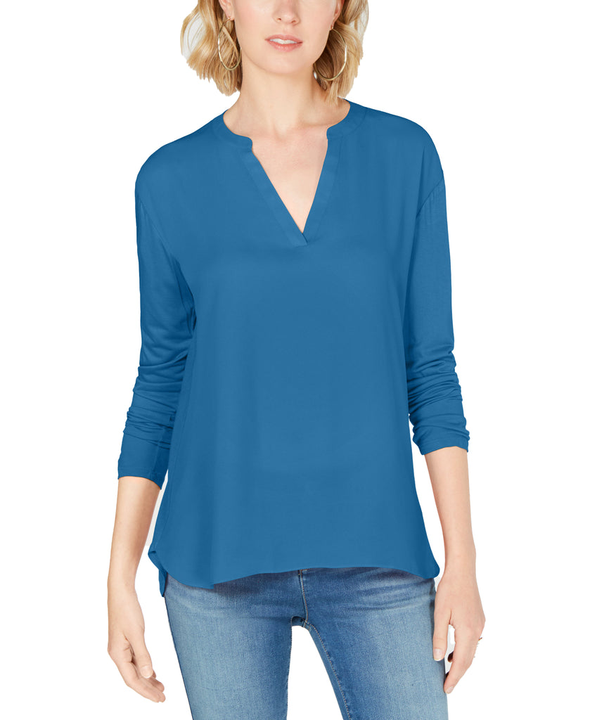 INC International Concepts Women Mixed Materials Split Neck Top Lyric Blue