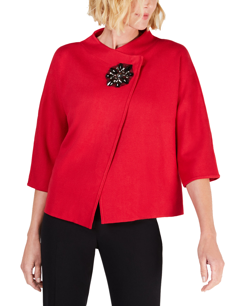 JM Collection Wrap Front Brooch Blazer New Red Amore