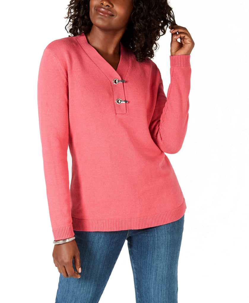 Karen Scott Women Petite Cotton Toggle Henley Sweater Pink Orchid