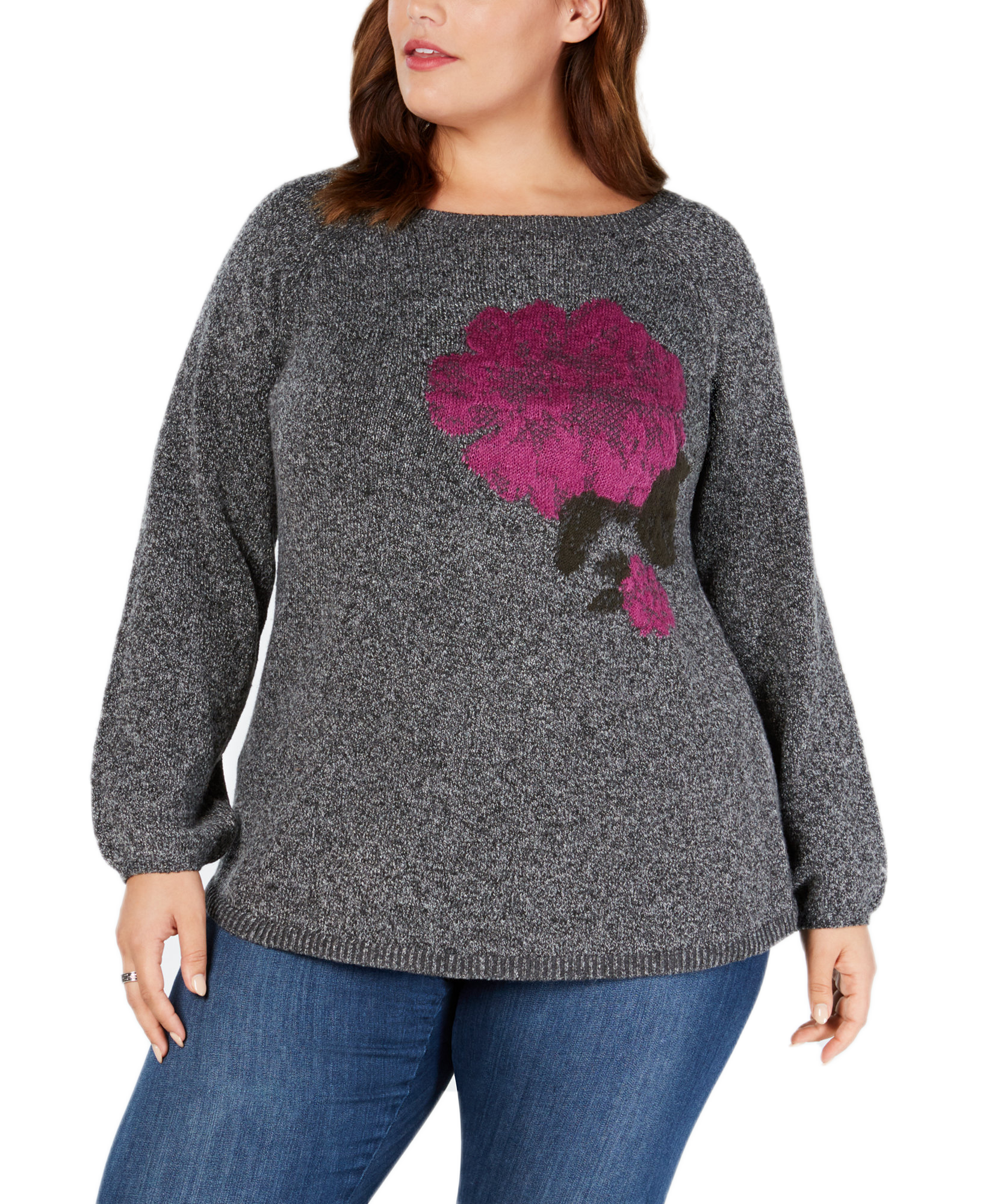 Style & Co Women Plus Jacquard Floral Sweater Black Heather Combo