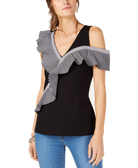 INC International Concepts Women Asymmetrical Ruffle Detail Top Deep Black