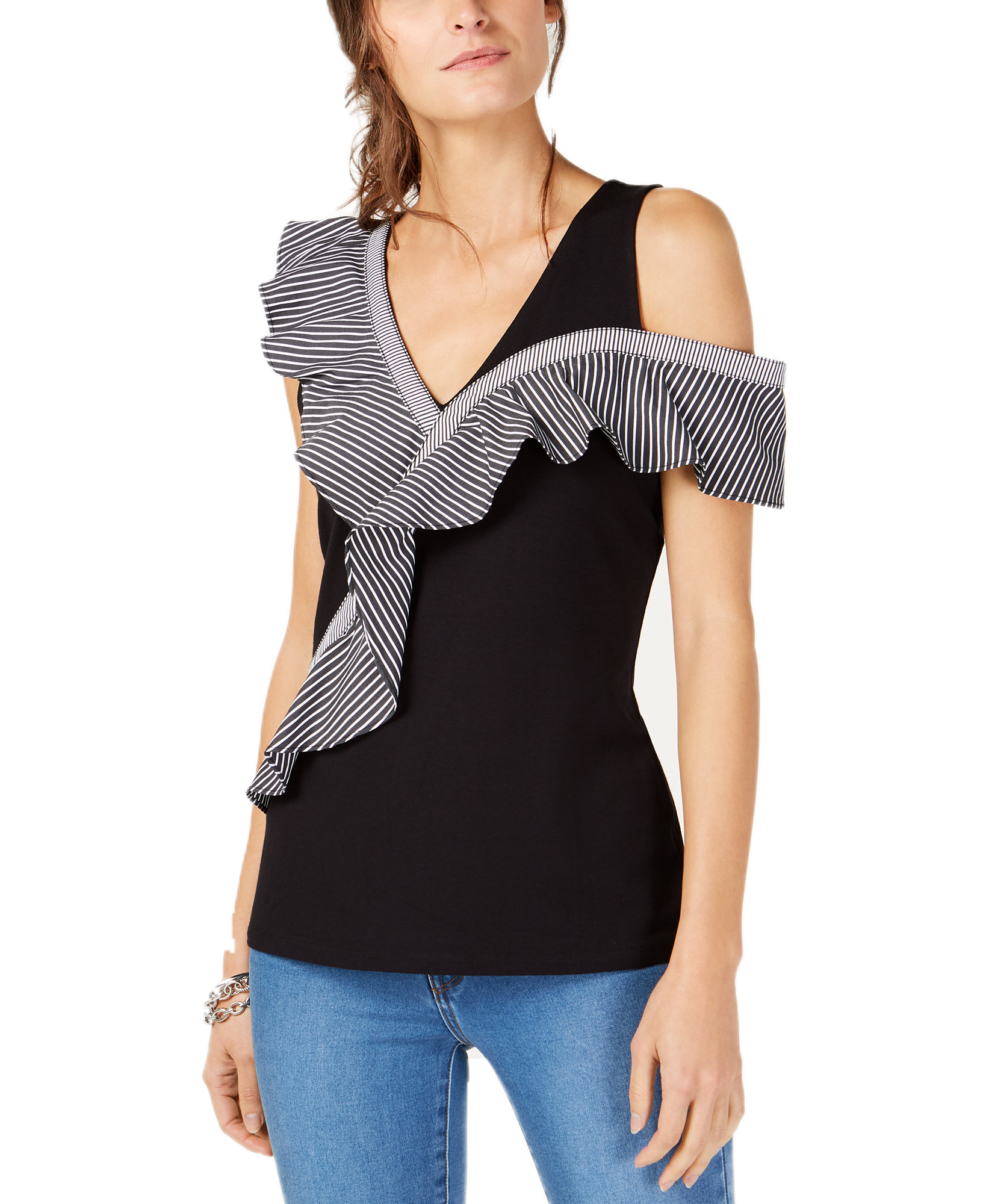 INC International Concepts Women Asymmetrical Ruffle Detail Top Deep Black