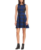 DKNY Women Faux Leather Trim Fit & Flare Dress Blue