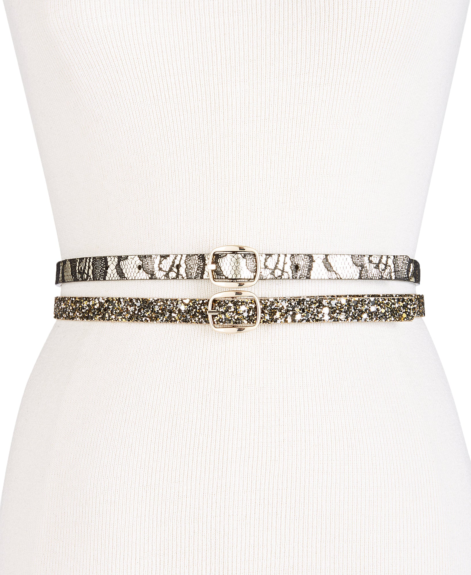 INC International Concepts Women Glitter & Lace 2 for 1 Skinny Belts Gold