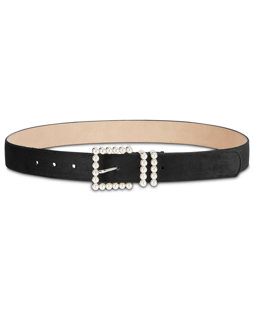 INC International Concepts Women Imitation Pearl Velvet Belt Black