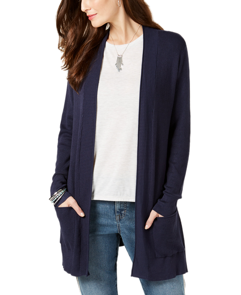 Style & Co Women Long Thermal Stitch Cardigan Sweater Industrial Blue