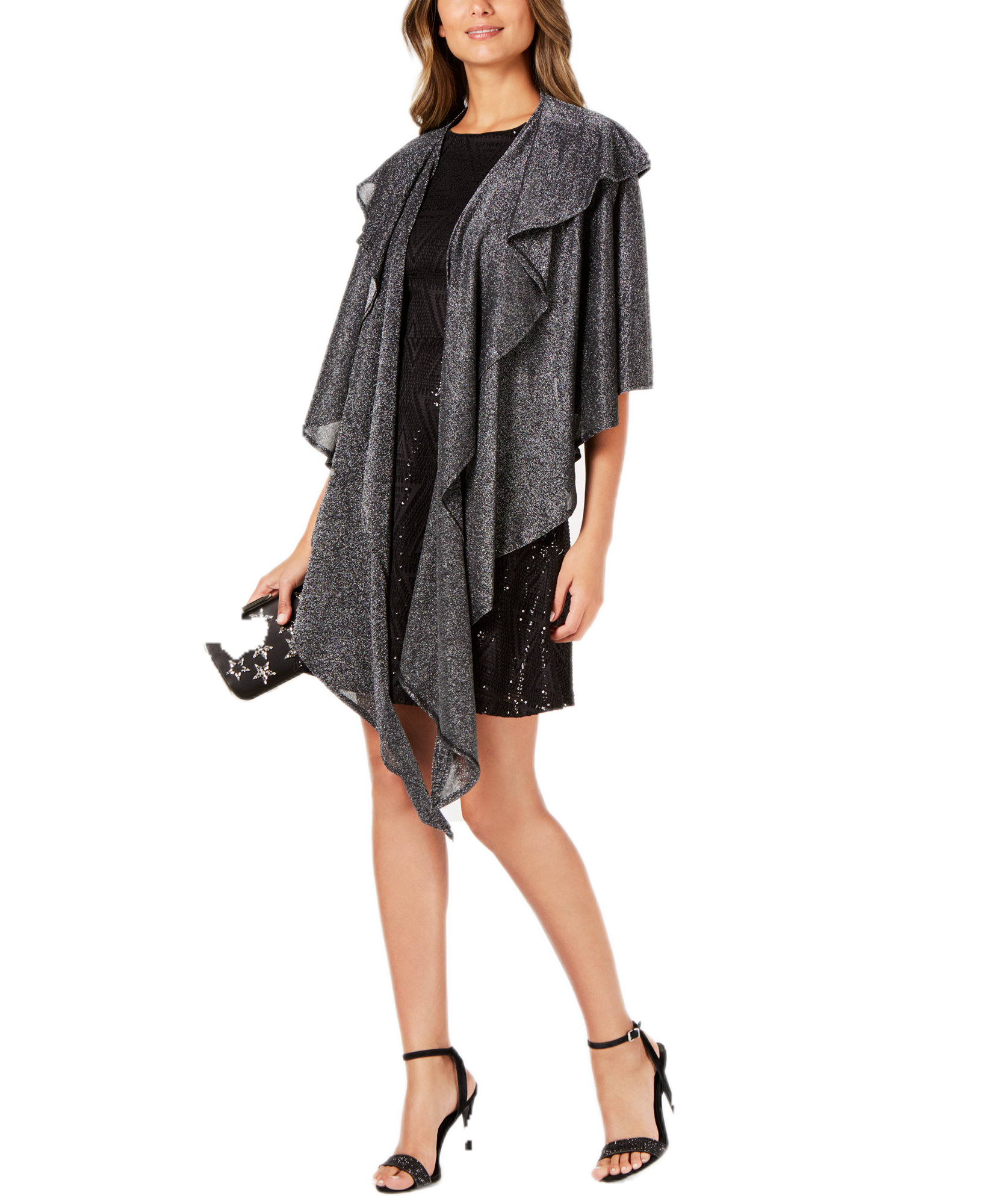 Cejon Women Double Draped Sparkle Knit Wrap Black