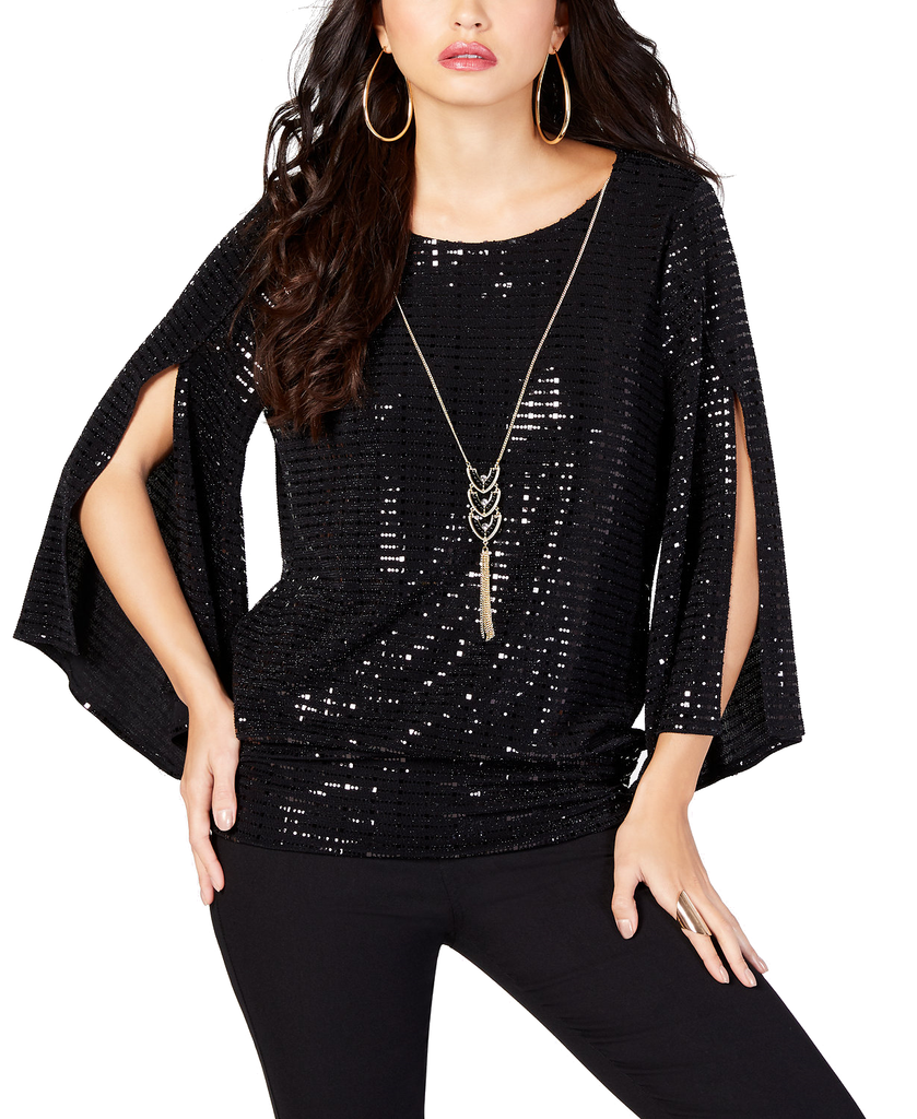 Thalia Sodi Sequined Necklace Top Deep Black