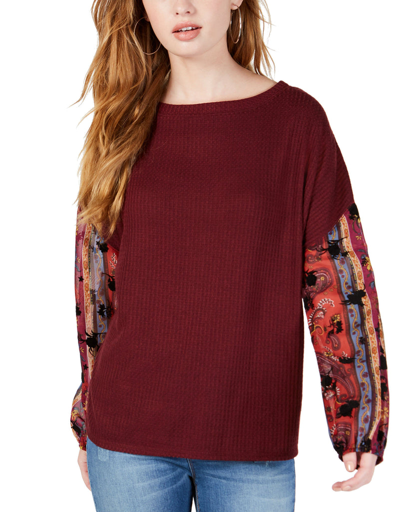 Gypsies & Moondust Juniors Waffle Knit Sheer Sleeve Top Wine