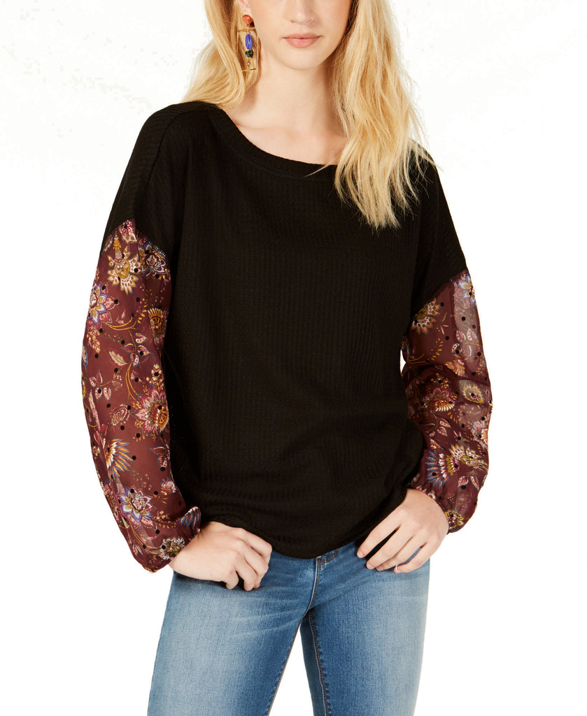 Gypsies & Moondust Juniors Waffle Knit Sheer Sleeve Top Black Burgundy