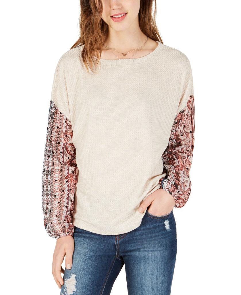 Gypsies & Moondust Juniors Waffle Knit Sheer Sleeve Top Oatmeal