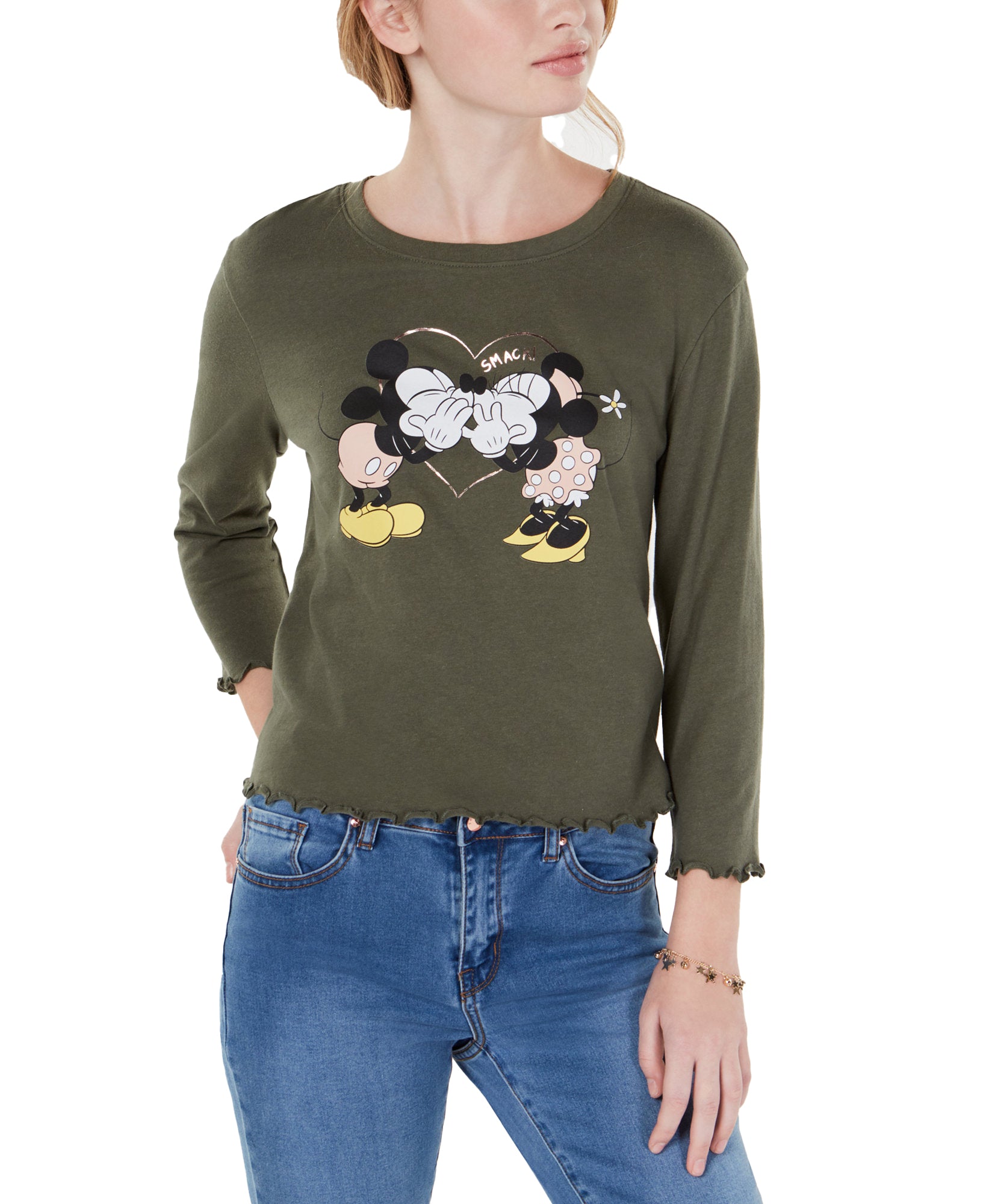 Love Tribe Disney Mickey & Minnie Mouse Lettuce Edge Graphic T Shirt Dusty Olive