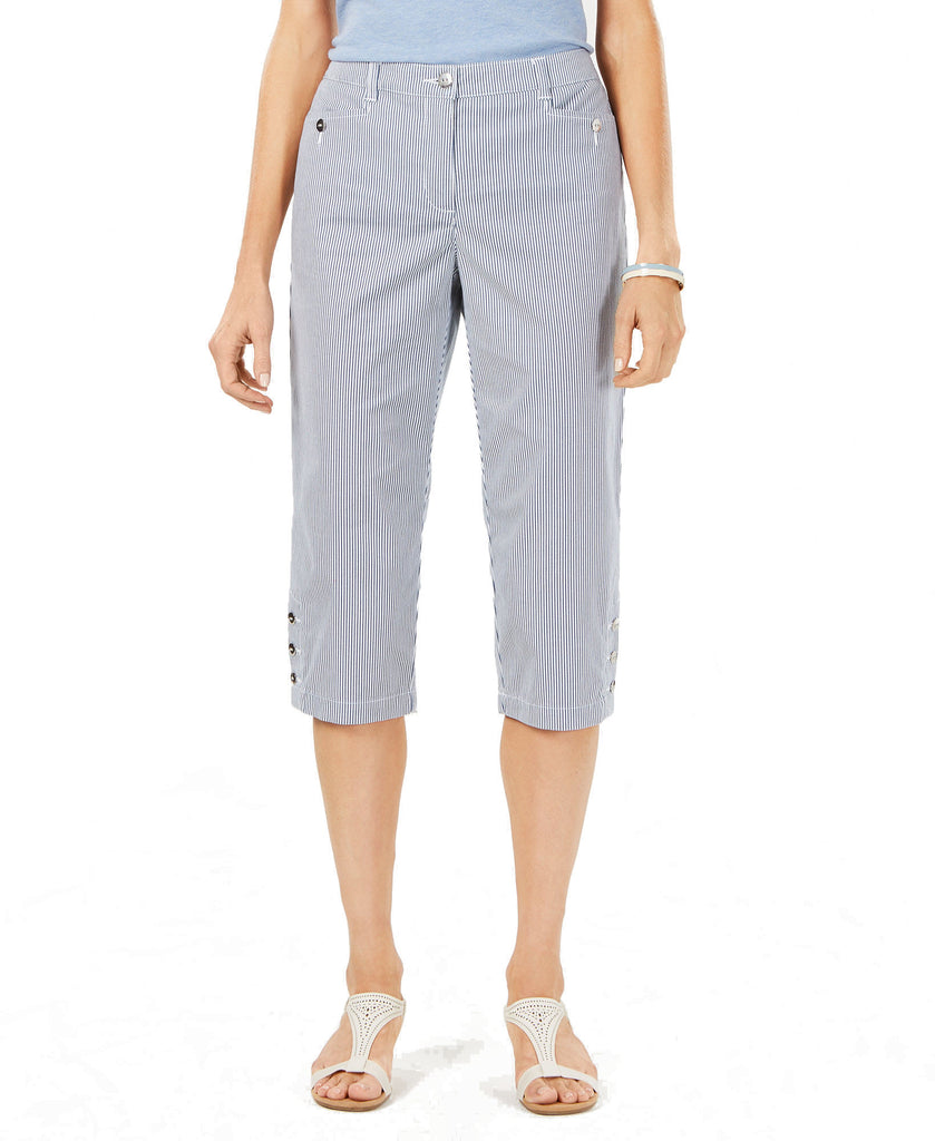 Karen Scott Women Striped Corded Buttoned Cuff Capri Pants Chambray Stripe