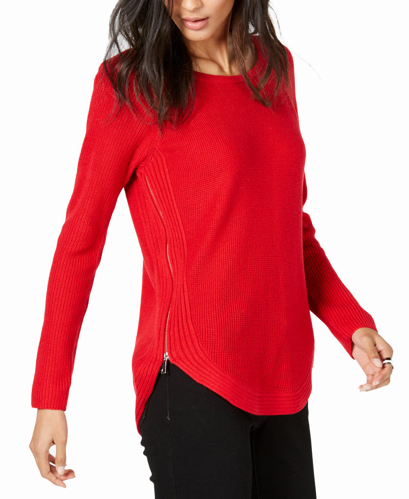 INC International Concepts Waffle Knit Side Zip Tunic Sweater Real Red
