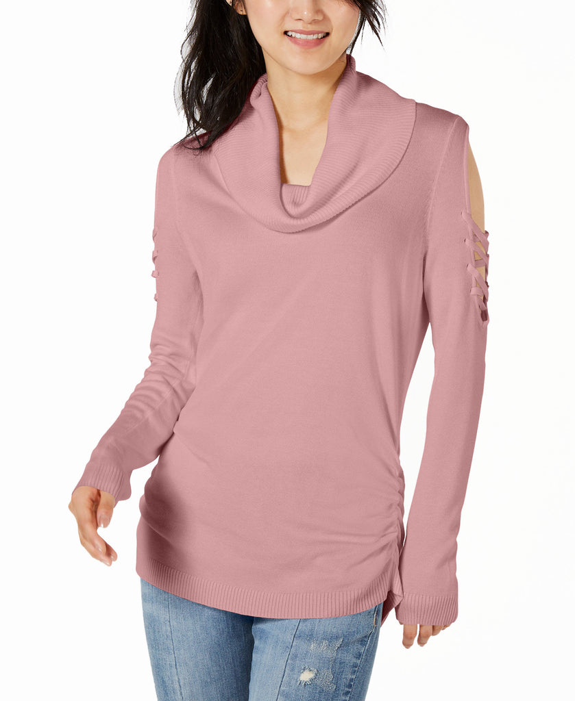 Hooked Up by IOT Cowlneck Cold Shoulder Sweater Destry Rose