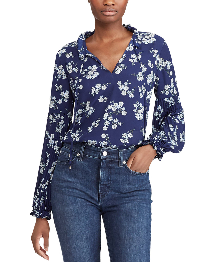 Lauren Ralph Lauren Women Petite Floral Print Georgette Top Blue