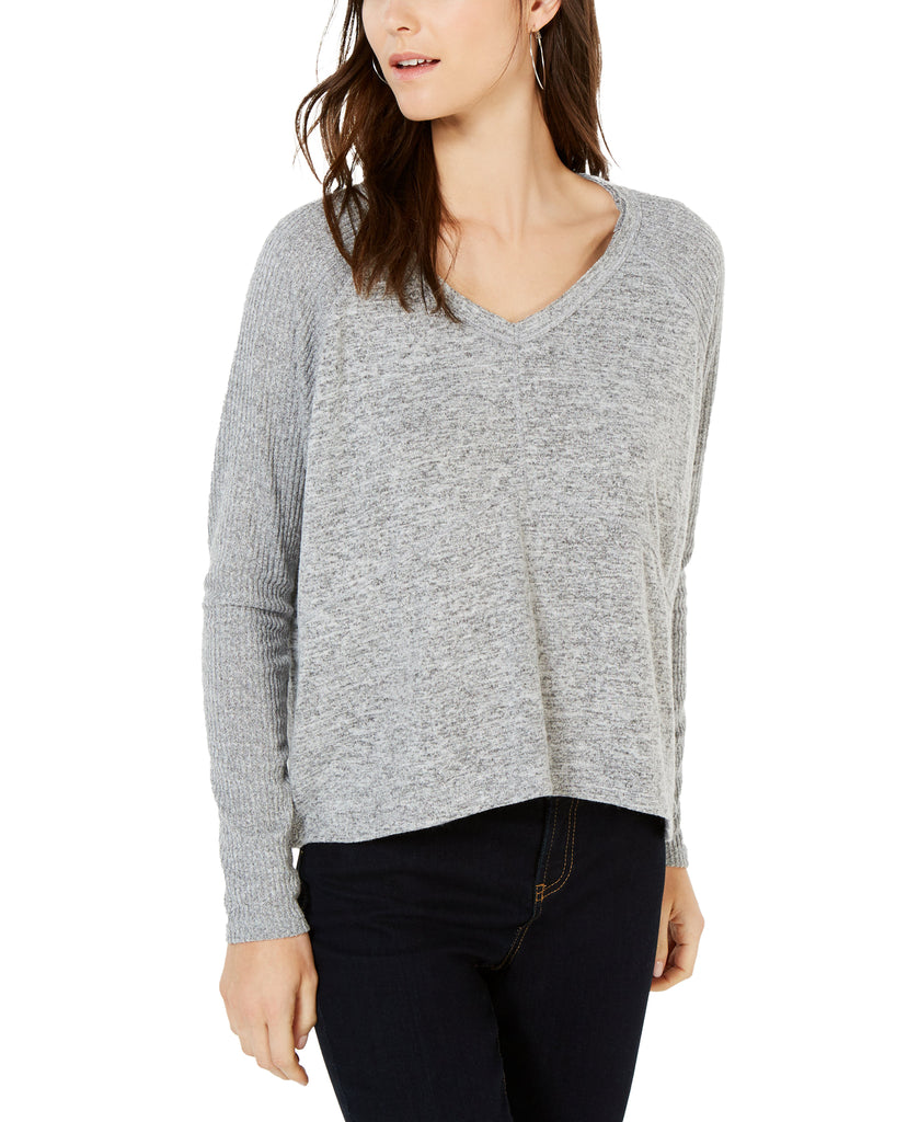 INC International Concepts Women Ribbed Sleeve Knit Top Heather Belle