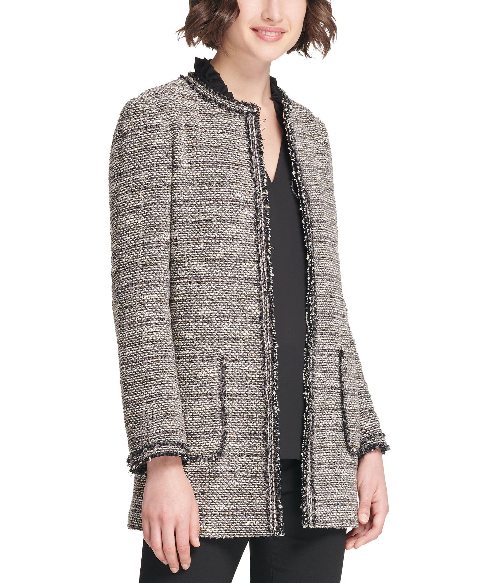 DKNY Women Tweed Long Open Front Jacket Black Multi