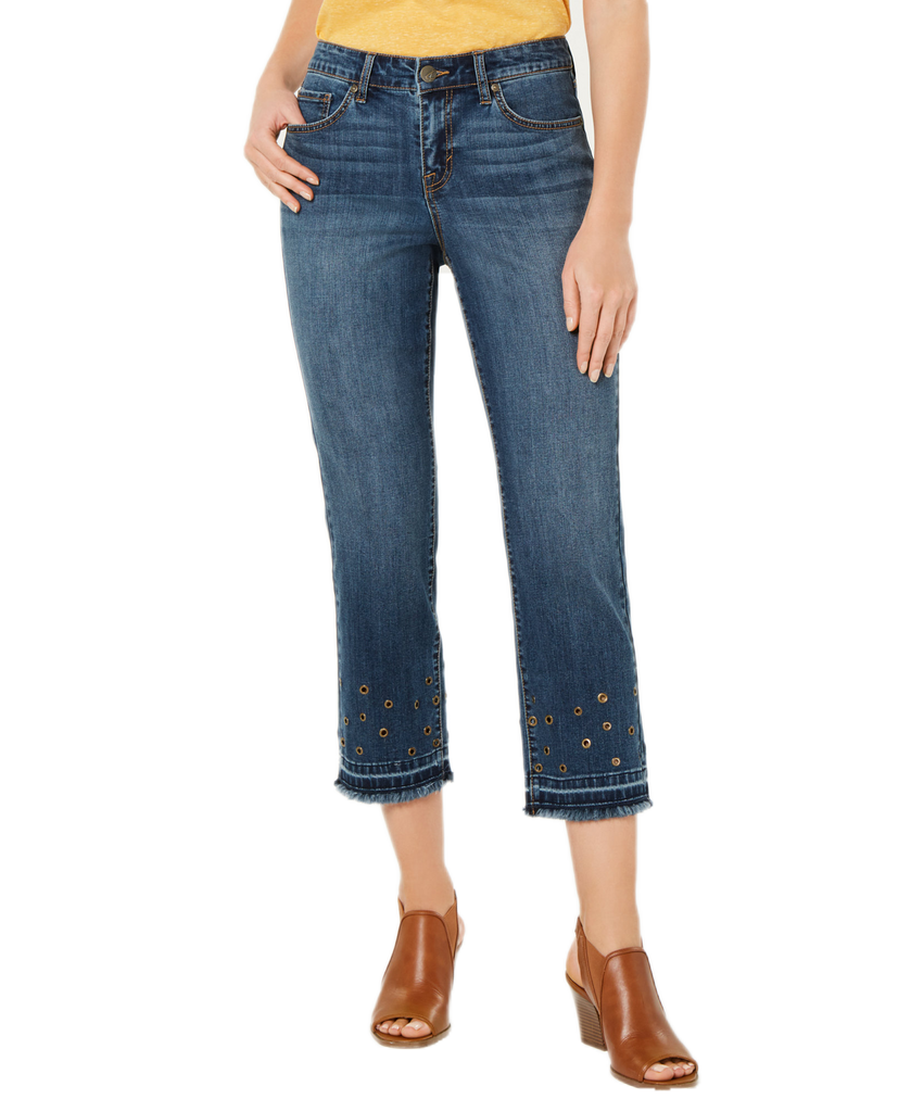 Style & Co Women Grommet Trimmed Straight Leg Cropped Jeans Marine