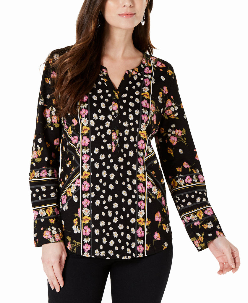 Style & Co Women Printed Split Neck Shirt Happy Day Black