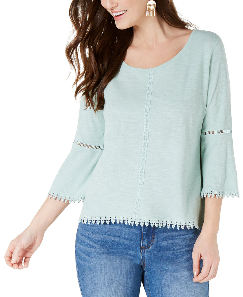 Style & Co Women Petite Crochet Trim Bell Sleeve Top Mint Ice