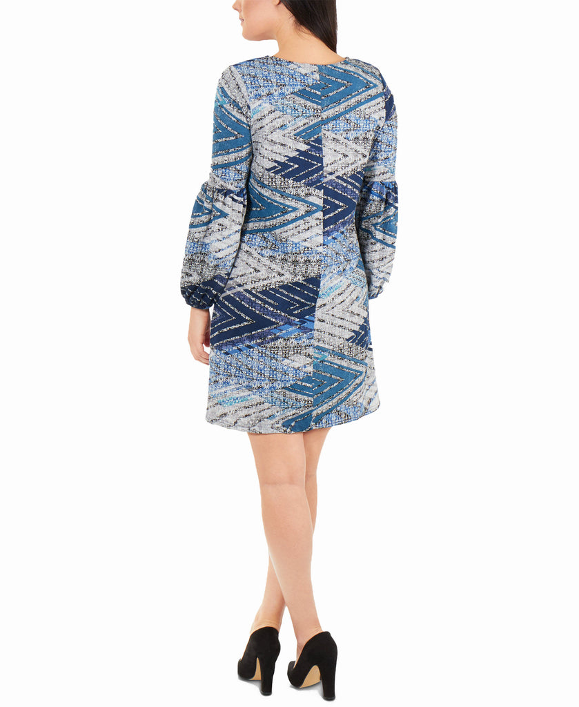 NY Collection Women Petite Printed Lattice Neck Dress Blue Junjinight