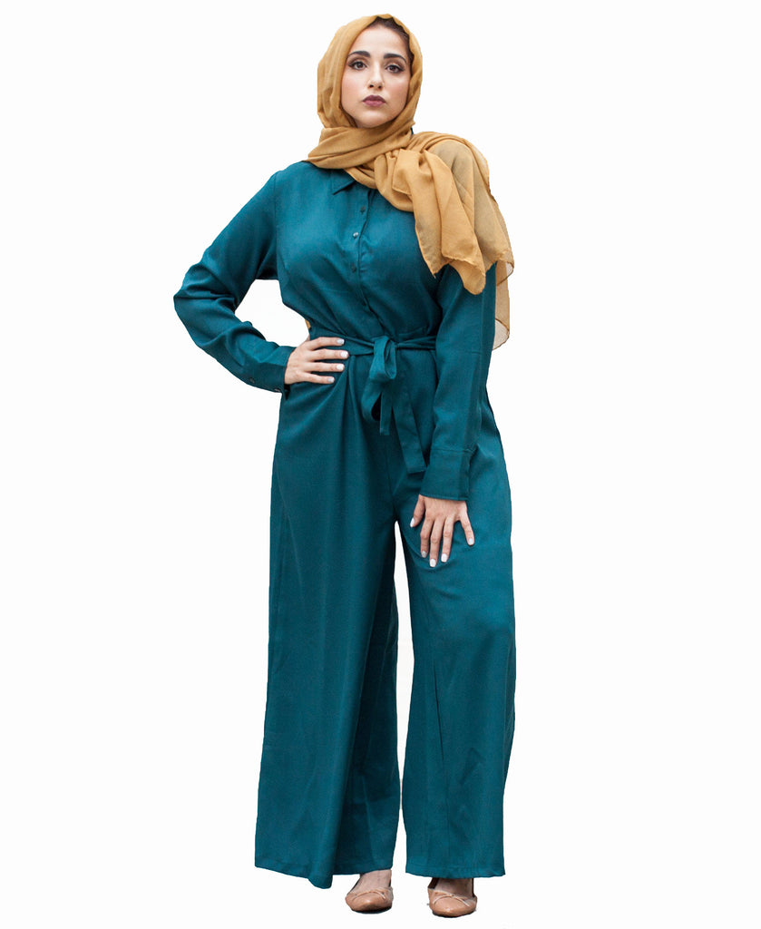 Verona Collection Women Wide Leg Modest Jumpsuit Hunter Green