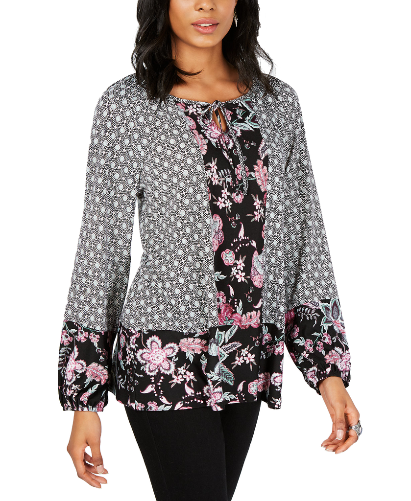 Style & Co Women Printed Peasant Top Beautiful View Black