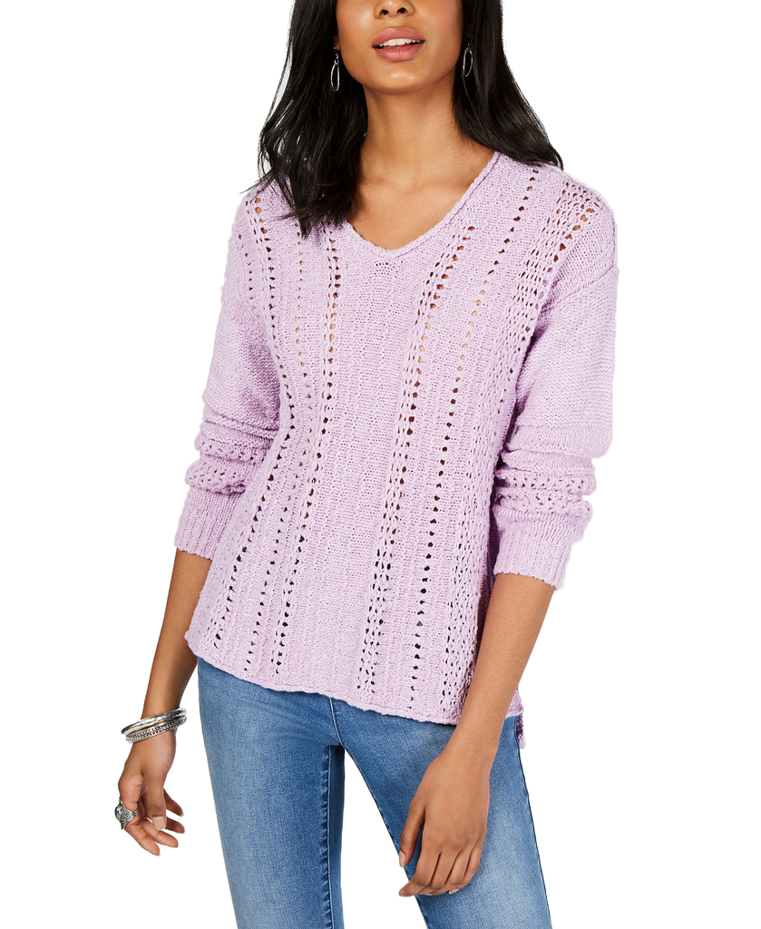 Style & Co Women V Neck Pointelle Sweater Lavendar Combo