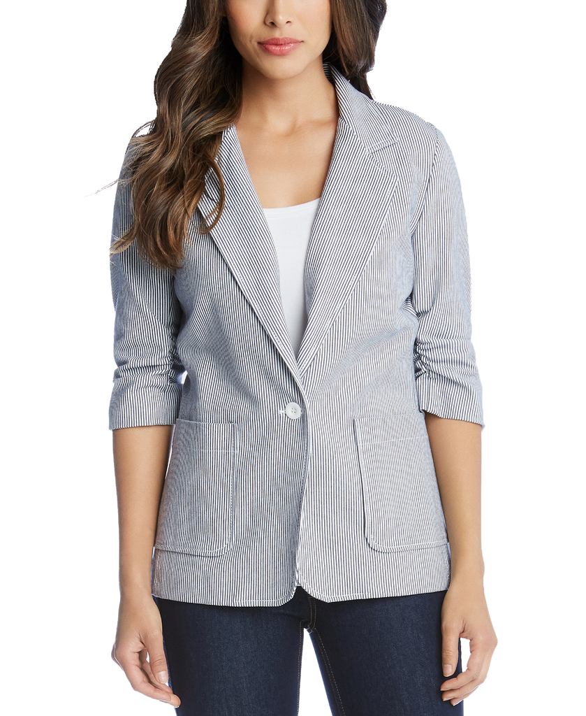 Karen Kane Women Pinstripe One Button Ruched Sleeve Blazer Stripe